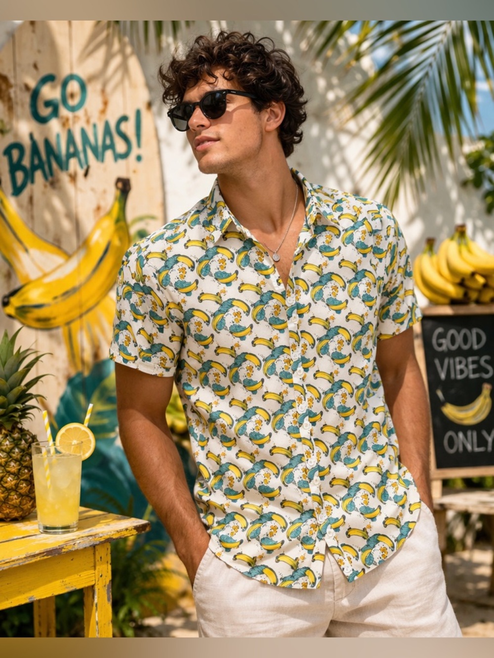 Mens funny go bananas themed slim fit casual button down shirt - party beach etc